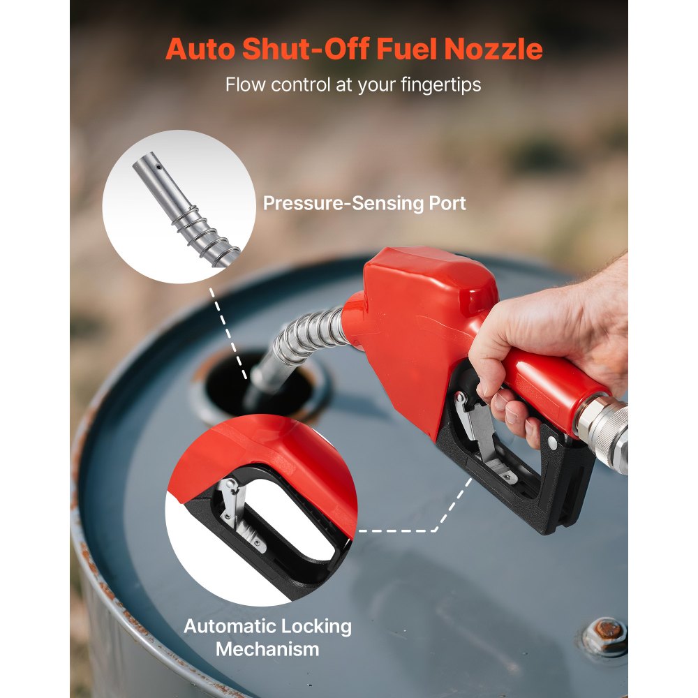 VEVOR Pompa Elettrica di Trasferimento Carburante, 60 L/min, Altezza di Sollevamento Max. 13,7 m, con Ugello Carburante Automatico e 2 Tubi Flessibili, per Veicoli, Cantieri Edili