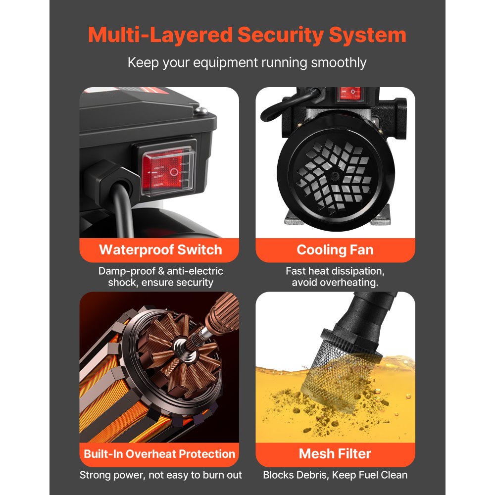 VEVOR Pompa Elettrica di Trasferimento Carburante, 60 L/min, Altezza di Sollevamento Max. 13,7 m, con Ugello Carburante Automatico e 2 Tubi Flessibili, per Veicoli, Cantieri Edili