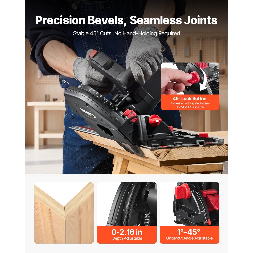 VEVOR Track Saw, 165.1 mm, Plunge-Cut Circular Saw Kit, Tracksaw with 48-Tooth Carbide-Tipped Blade, 0-45° Angle Adjustment, 55 mm Cutting Depth, for Wood, Plastic, Guide Rail Not Included, Black