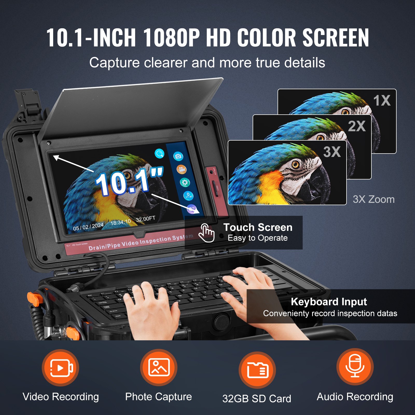 VEVOR Telecamera per Fognatura 50 m Telecamera per Scarichi Autolivellante, Schermo Tattile 256,54 mm Trasmettitore 512 Hz e Contatore di Distanza, Telecamera Idraulica a Serpente IP67 con Luci-12 LED