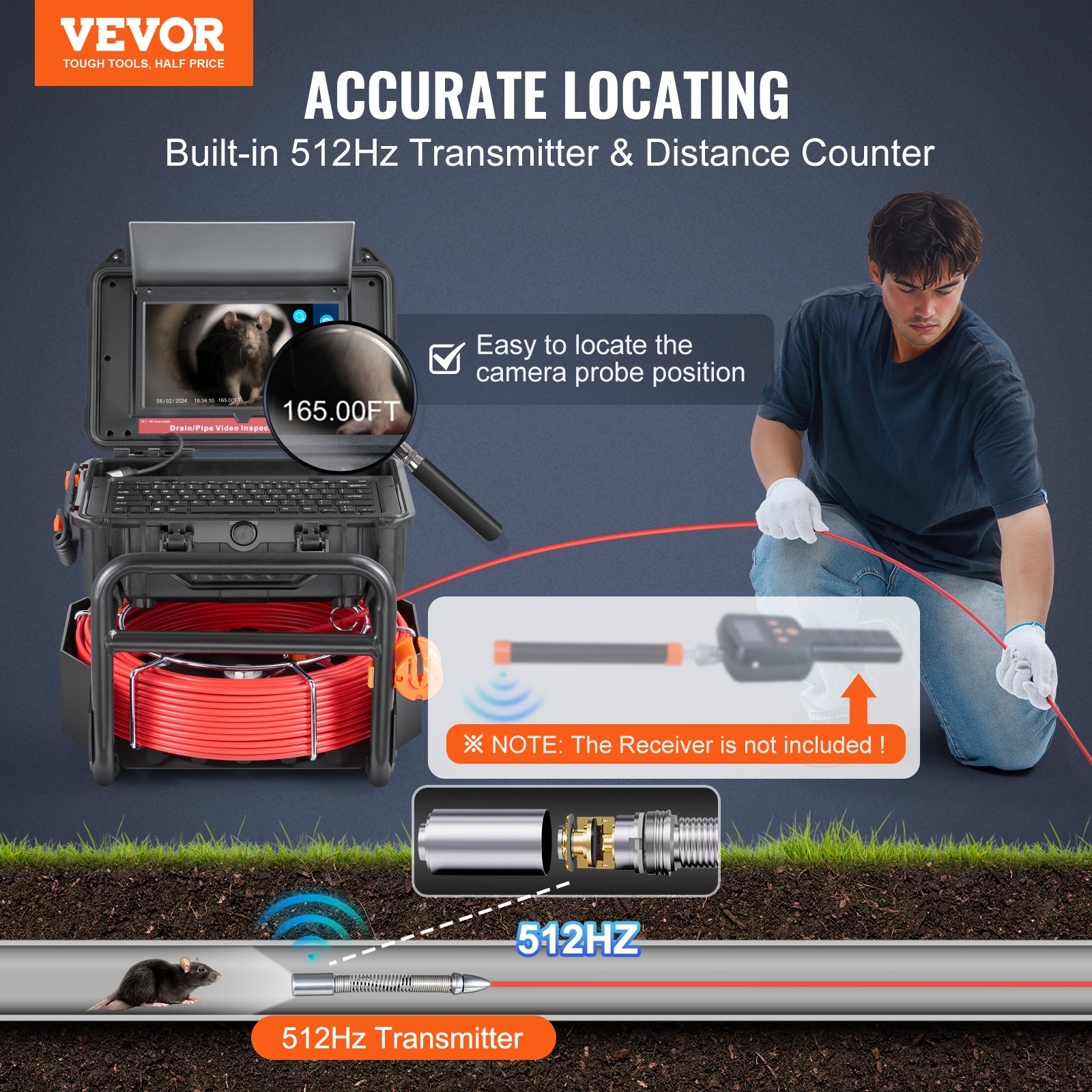 VEVOR Telecamera per Fognatura 50 m Telecamera per Scarichi Autolivellante, Schermo Tattile 256,54 mm Trasmettitore 512 Hz e Contatore di Distanza, Telecamera Idraulica a Serpente IP67 con Luci-12 LED