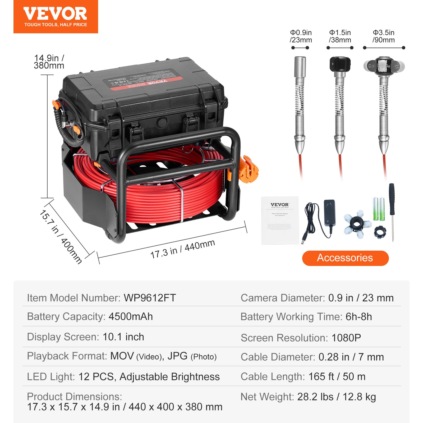 VEVOR Telecamera per Fognatura 50 m Telecamera per Scarichi Autolivellante, Schermo Tattile 256,54 mm Trasmettitore 512 Hz e Contatore di Distanza, Telecamera Idraulica a Serpente IP67 con Luci-12 LED