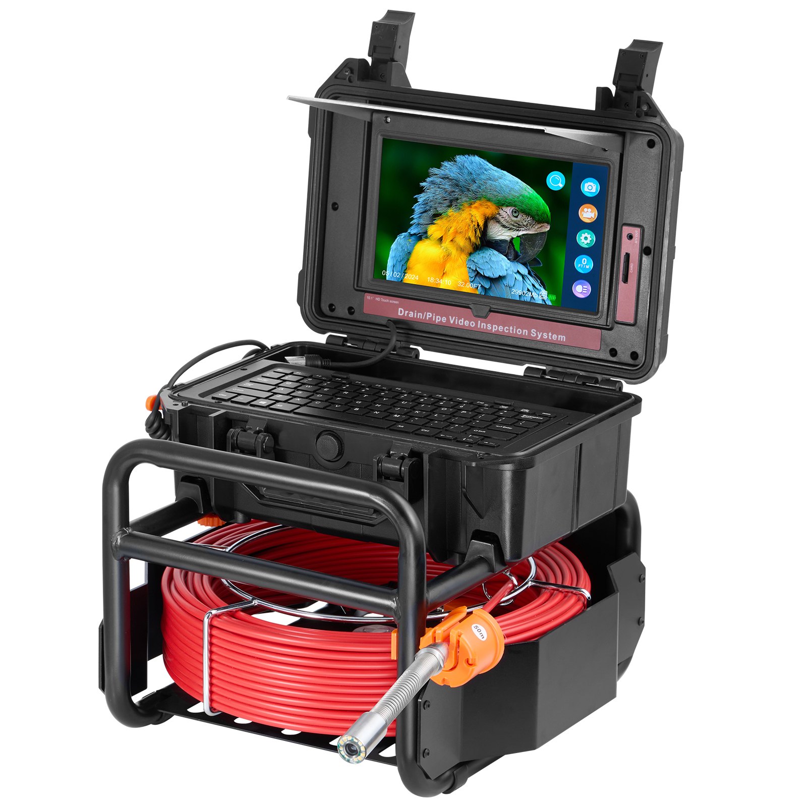 VEVOR Telecamera per Fognatura 50 m Telecamera per Scarichi Autolivellante, Schermo Tattile 256,54 mm Trasmettitore 512 Hz e Contatore di Distanza, Telecamera Idraulica a Serpente IP67 con Luci-12 LED