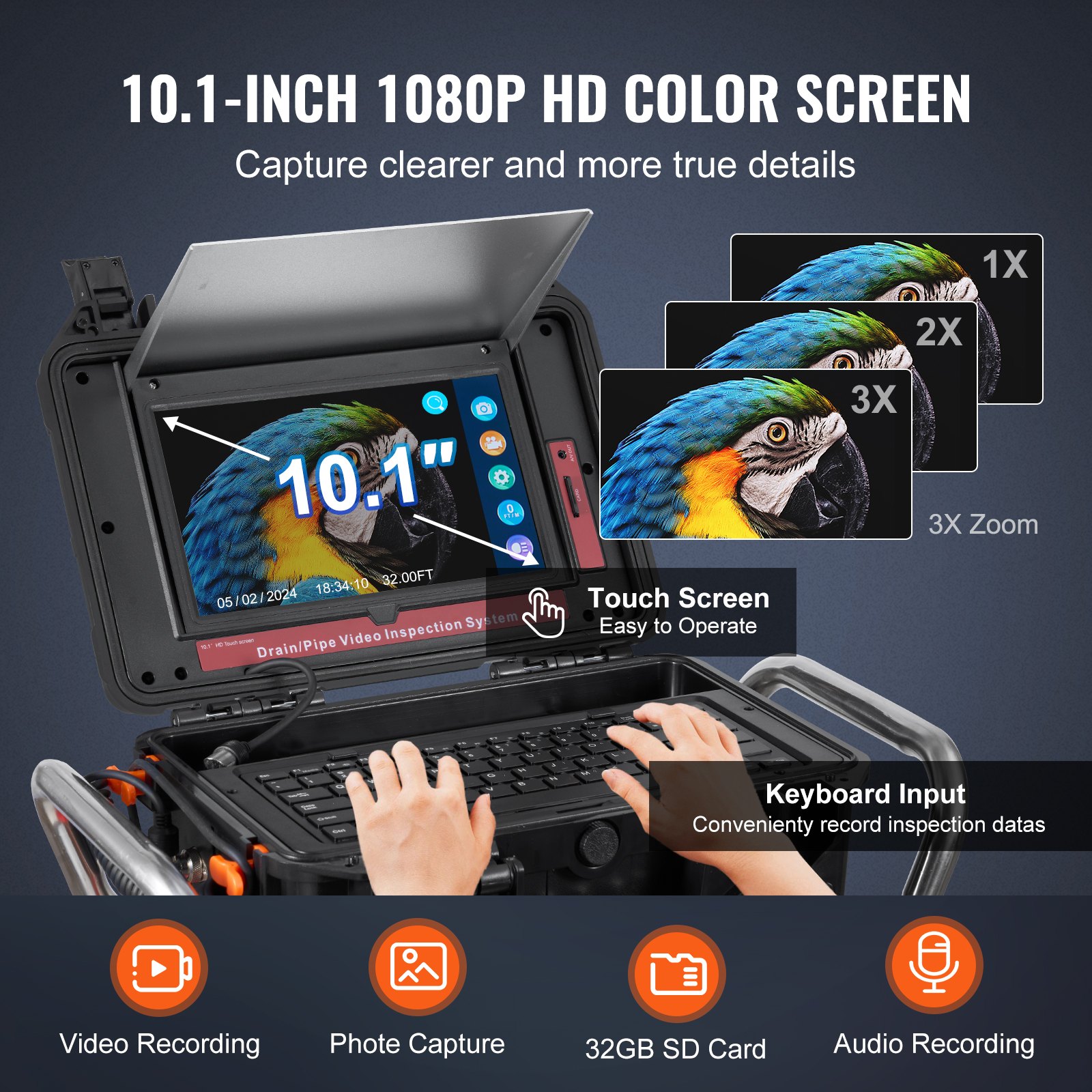 VEVOR Sewer Camera, 100 m, Self-Leveling Pipe Inspection Camera with 10.1-inch Touchscreen, 512 Hz Transmitter and Distance Counter, IP67 Pipe Camera with 12 LEDs and 32 GB Card, Endoscope for Sewer Pipes