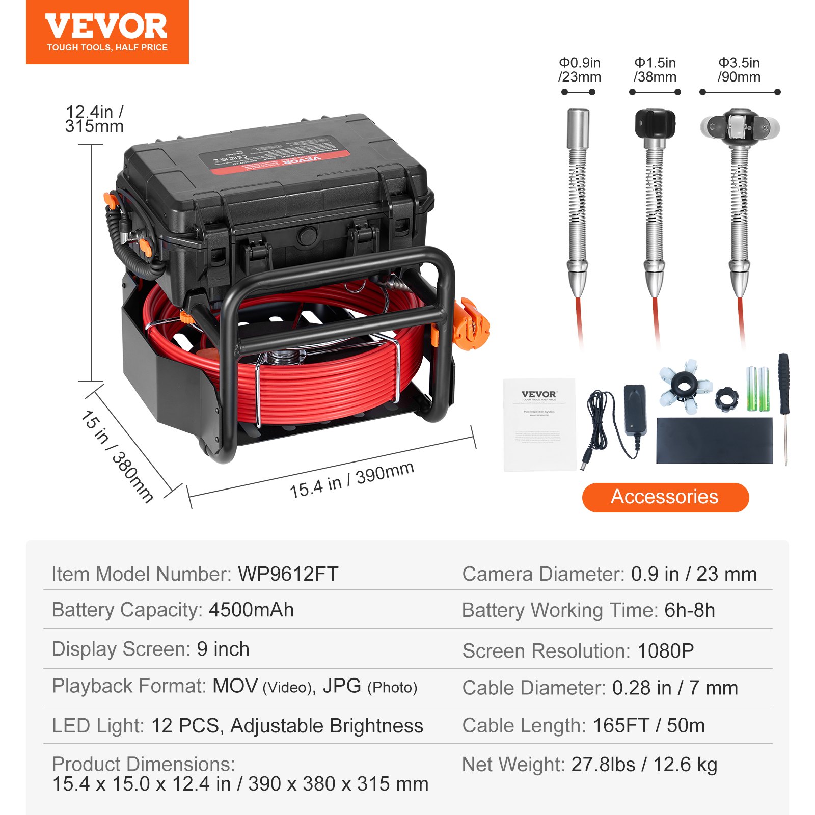 VEVOR Telecamera per Fognatura 50 m Telecamera per Scarichi Autolivellante con Trasmettitore 512 Hz Contatore di Distanza, Schermo 228,6 mm Telecamera Idraulica HD 1080P a Serpente con Luci-12 LED