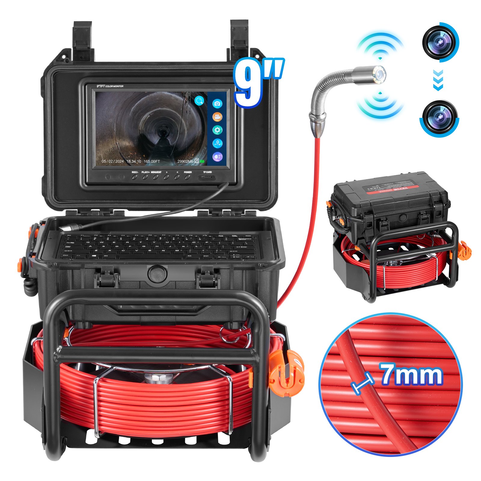 VEVOR Telecamera per Fognatura 50 m Telecamera per Scarichi Autolivellante con Trasmettitore 512 Hz Contatore di Distanza, Schermo 228,6 mm Telecamera Idraulica HD 1080P a Serpente con Luci-12 LED