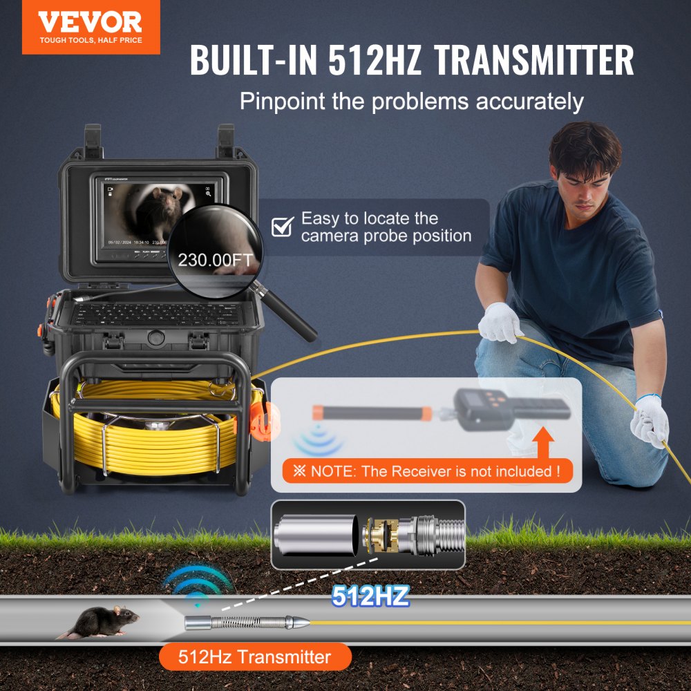 VEVOR 70m Sewer Camera, Self-Leveling Pipe Inspection Camera with 512Hz Transmitter, Distance Counter, 9-inch Screen, 1080P HD Pipe Camera with 12 LEDs and 32GB Card for Sewer Pipes, Endoscope