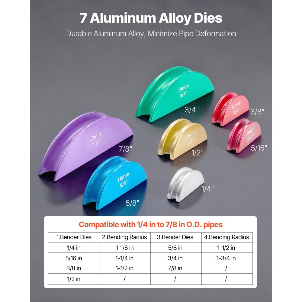 VEVOR Kit Piegatubi Manuale Pinza Compatto a Cricchetto Utensile per Piegatura Manuale Avanti/Indietro con Matrici in Lega di Alluminio per Tubi in Rame Alluminio Angolo di Piegatura max. 90°