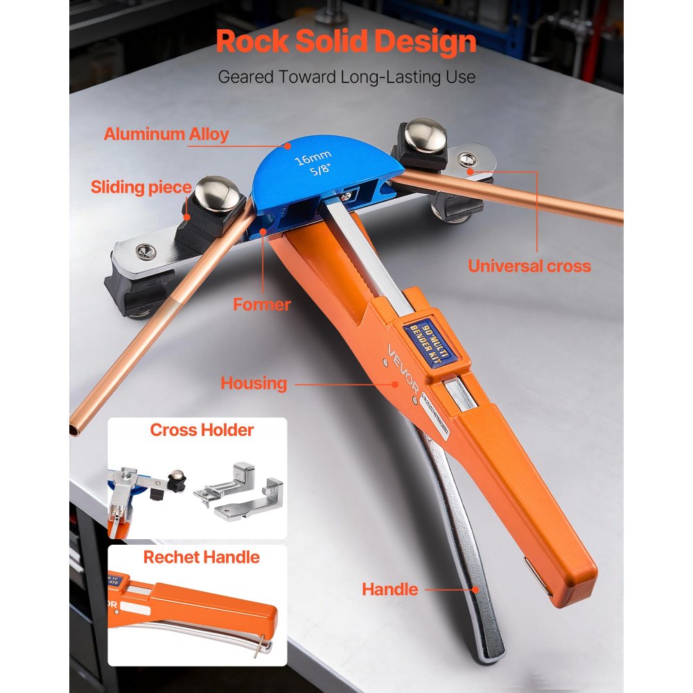 VEVOR Kit Piegatubi Manuale Pinza Compatto a Cricchetto Utensile per Piegatura Manuale Avanti/Indietro con Matrici in Lega di Alluminio per Tubi in Rame Alluminio Angolo di Piegatura max. 90°
