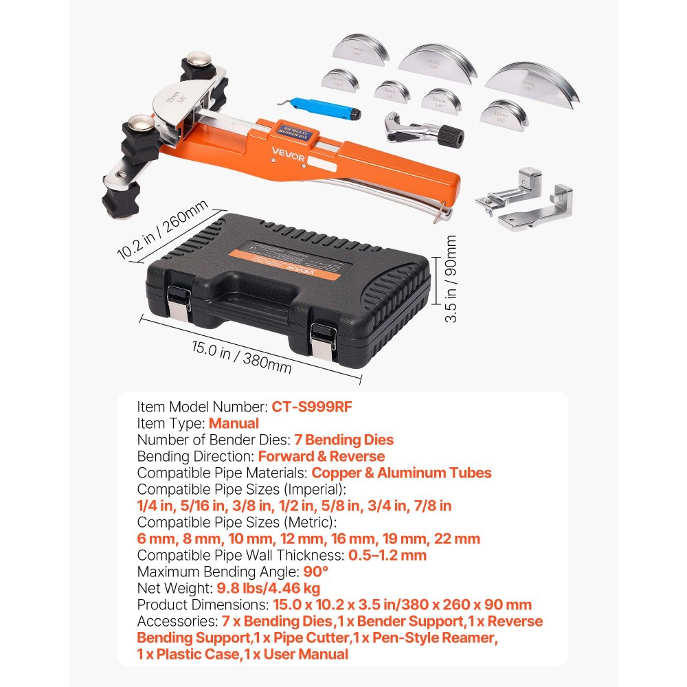 VEVOR Kit Piegatubi Pinza Piegatrice Manuale per Tubi in Rame e Alluminio, Utensile per Piegatura Manuale Spessore Compatibile 0,5-1,2 mm Angolo di Piegatura max. 90° per Riparazione Impianti