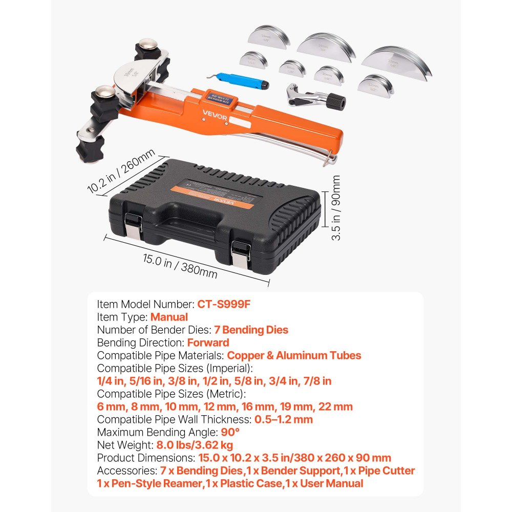 VEVOR Kit Piegatubi Pinza Piegatrice Manuale per Tubi in Rame Alluminio 6mm-22mm, Utensile per Piegatura a Cricchetto Manuale Spessore Compatibile 0,5-1,2 mm 7 Matrici per Manutenzione Impianti HVAC