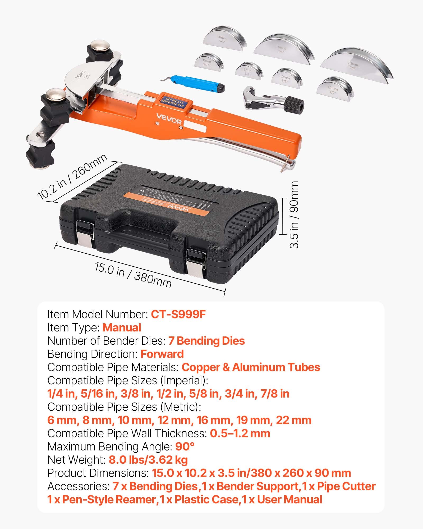 VEVOR Kit Piegatubi Pinza Piegatrice Manuale per Tubi in Rame Alluminio 6mm-22mm, Utensile per Piegatura a Cricchetto Manuale Spessore Compatibile 0,5-1,2 mm 7 Matrici per Manutenzione Impianti HVAC