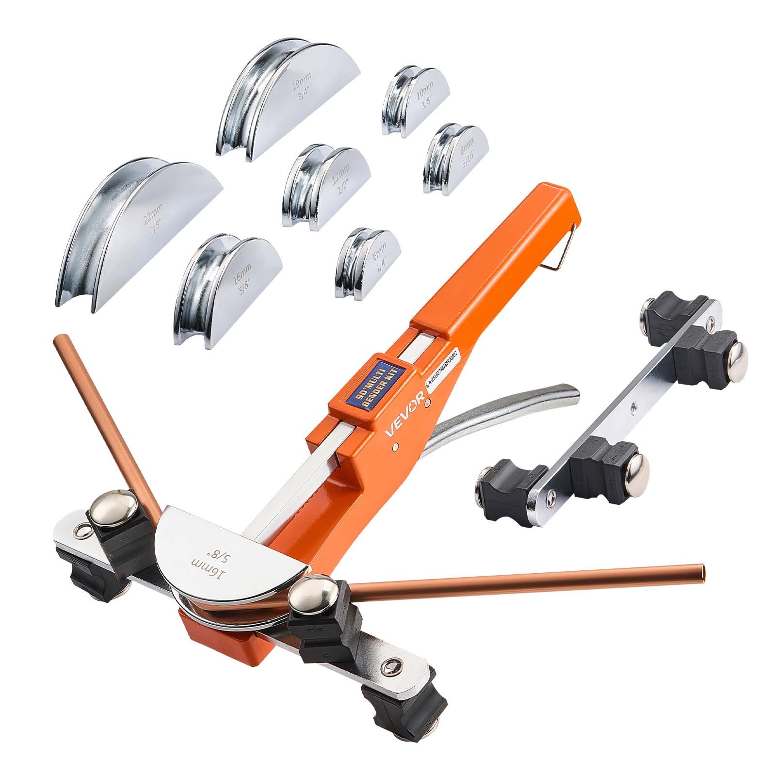 VEVOR Kit Piegatubi Pinza Piegatrice Manuale per Tubi in Rame Alluminio 6mm-22mm, Utensile per Piegatura a Cricchetto Manuale Spessore Compatibile 0,5-1,2 mm 7 Matrici per Manutenzione Impianti HVAC