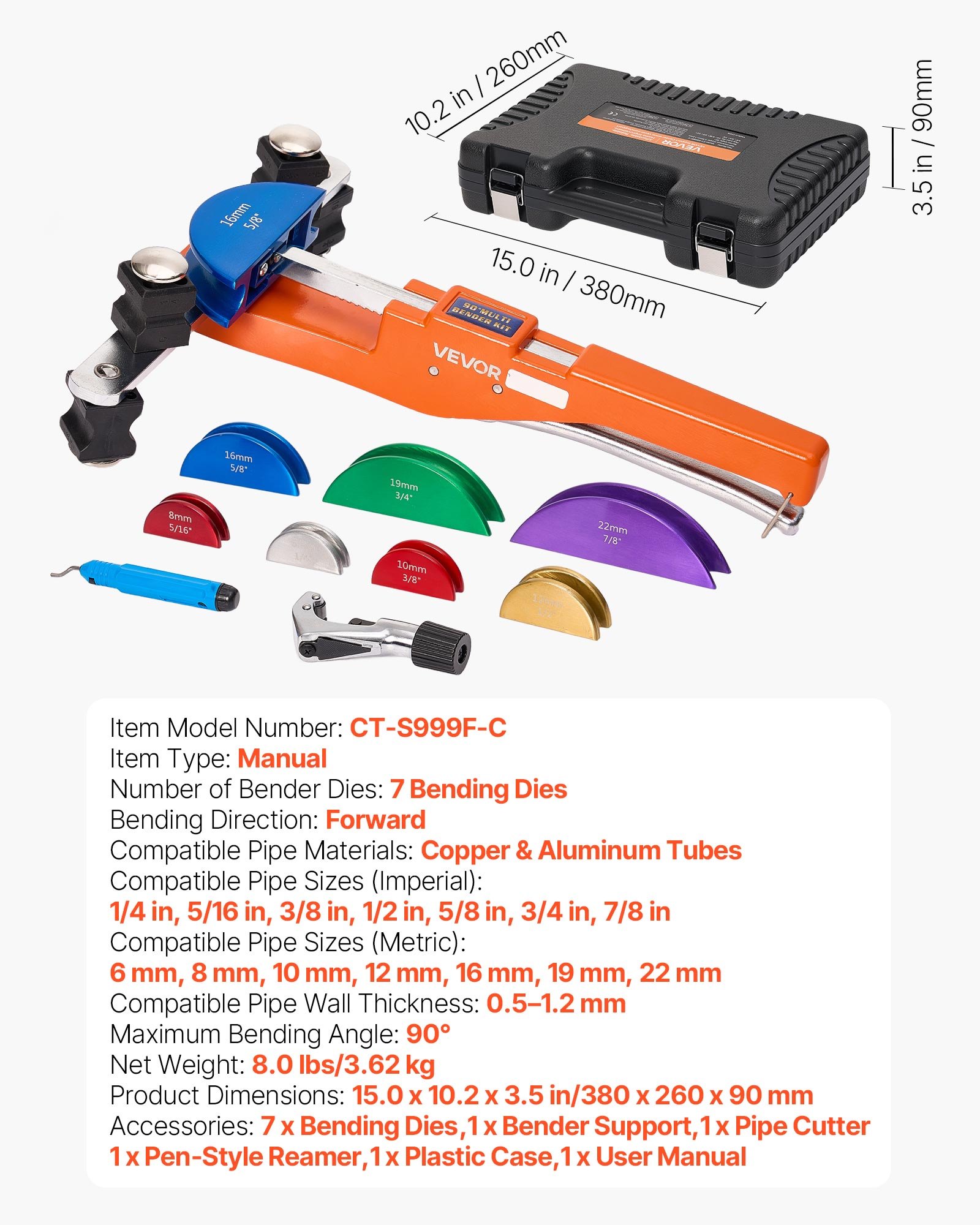 VEVOR Kit Piegatubi Pinza Piegatrice Manuale per Tubi in Rame e Alluminio da 6mm-22mm, Utensile per Piegatura Manuale Spessore Compatibile 0,5-1,2 mm per Riparazione HVAC con 7 Matrici