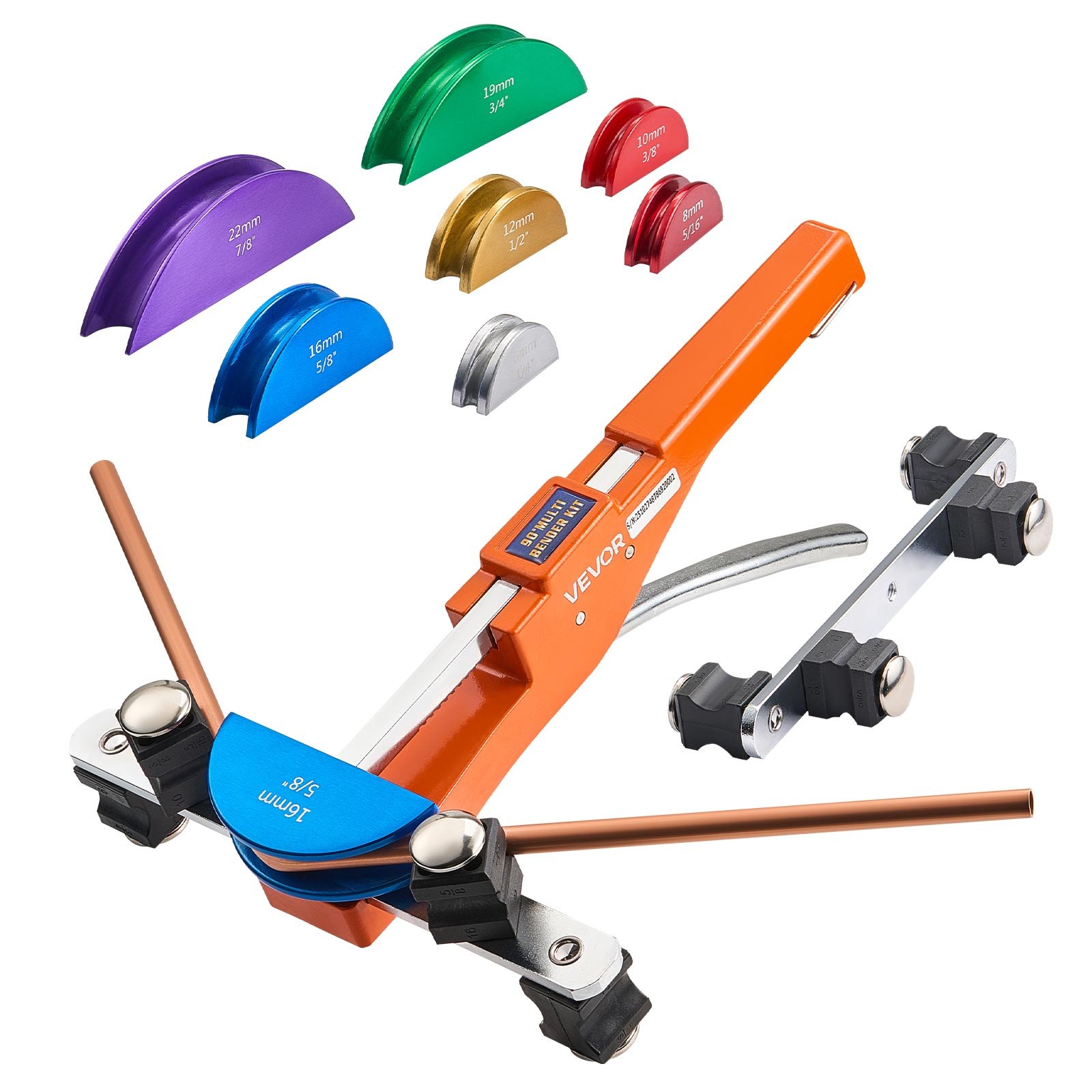 VEVOR Kit Piegatubi Pinza Piegatrice Manuale per Tubi in Rame e Alluminio da 6mm-22mm, Utensile per Piegatura Manuale Spessore Compatibile 0,5-1,2 mm per Riparazione HVAC con 7 Matrici