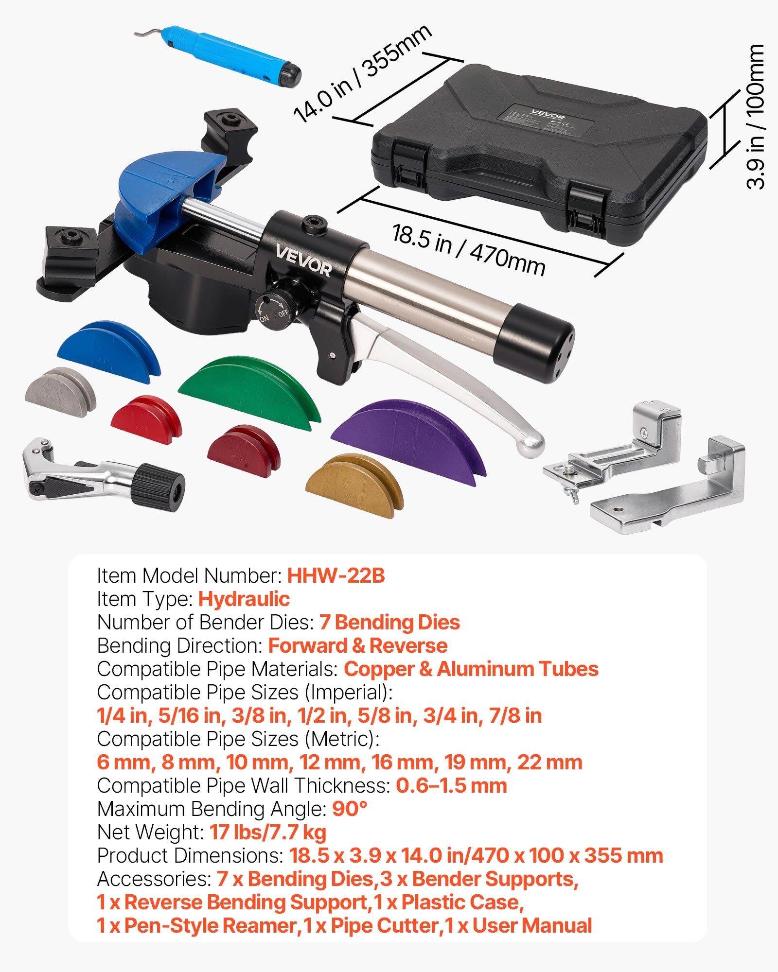 VEVOR Kit Piegatubi Idraulico da 6-22 mm Piegatubi Idraulico Pinza Piegatrice per Tubi in Rame, Strumento di Piegatura HVAC Avanti/Indietro con Matrici in Lega di Alluminio per Riparazione Auto