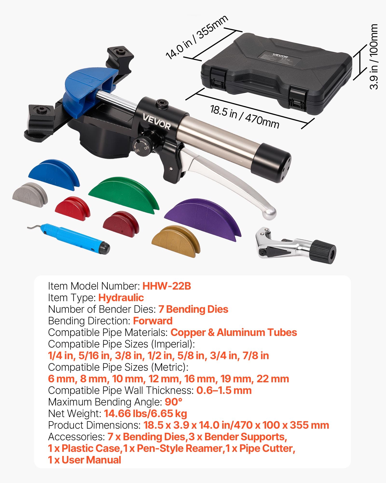 VEVOR Kit Piegatubi Idraulico per Tubi Pinza Idraulica per Piegtura di Tubi in Rame Alluminio Spessore 0,6-1,5 mm, Utensili per Piegatura di Tubi Angolo max. 90° Dimensioni 6-22 mm Riparazione