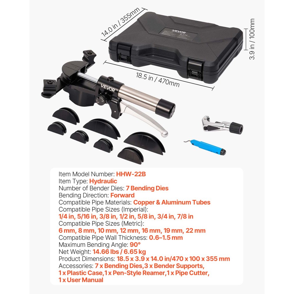 VEVOR Kit Piegatubi Idraulico 6-22mm Pinza Piegatrice Idraulica per Tubi in Rame, Set di Utensili per Piegatura HVAC Curvatura a 90° con 7 Matrici in Lega di Alluminio, per Riparazione di Automobili