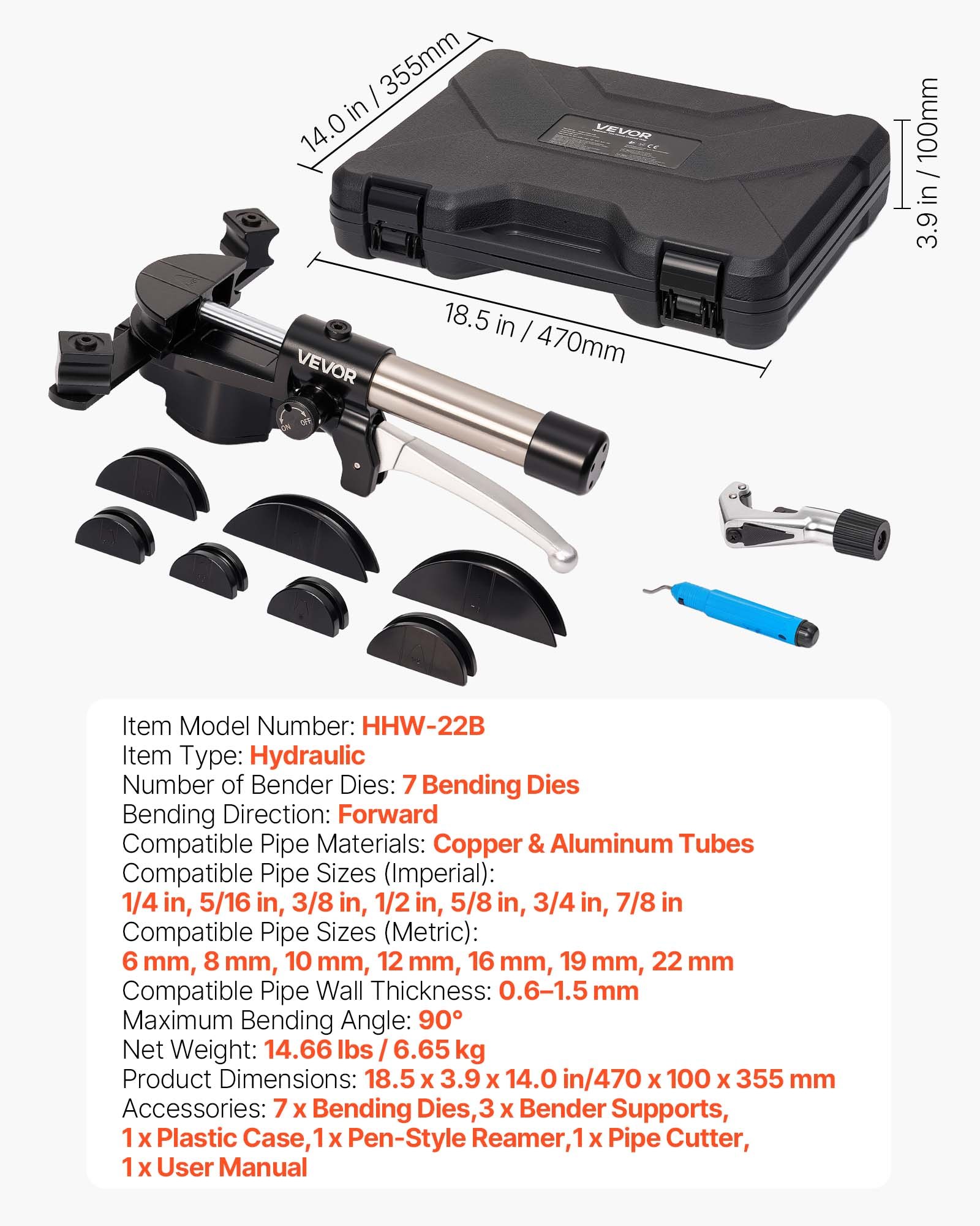 VEVOR Kit Piegatubi Idraulico 6-22mm Pinza Piegatrice Idraulica per Tubi in Rame, Set di Utensili per Piegatura HVAC Curvatura a 90° con 7 Matrici in Lega di Alluminio, per Riparazione di Automobili
