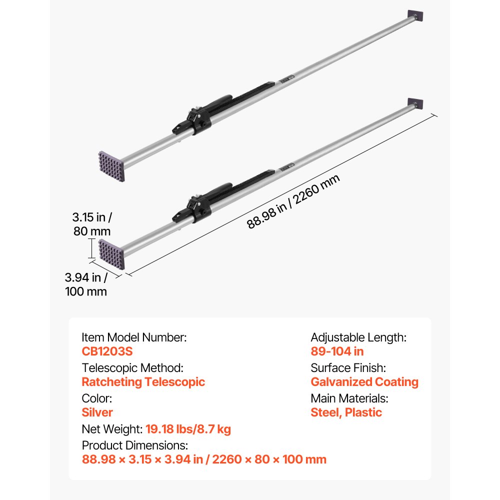 VEVOR Barra Fermacarico con Pinze a Cricchetto Regolabile da 2260 a 2641 mm, Stabilizzatore di Carichi in Acciaio con Piedini Antiscivolo, Barre di Bloccaggio del Carico del Cassone 2 Pezzi