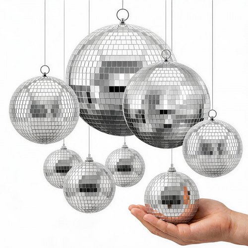 VEVOR Sfere da Discoteca a Specchio 100/150/200/300 mm di Colore Argento, Confezione da 8, con Anello per Appendere, per Oggetti di Scena per Palcoscenici, 2 Misure di Piastrelle Riflettenti in Vetro