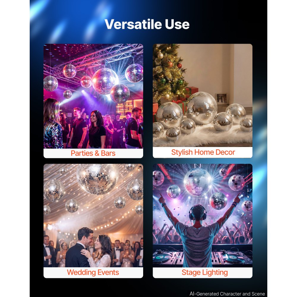 VEVOR Mirror Disco Ball 100/150/200/300 mm 8-Pack Ball with Hanging Ring, for Party Home Decoration Stage Props DJ Dance Club, 2 Mirror Tile Sizes, Reflect Light, Wedding Music Birthday Decor, Silver