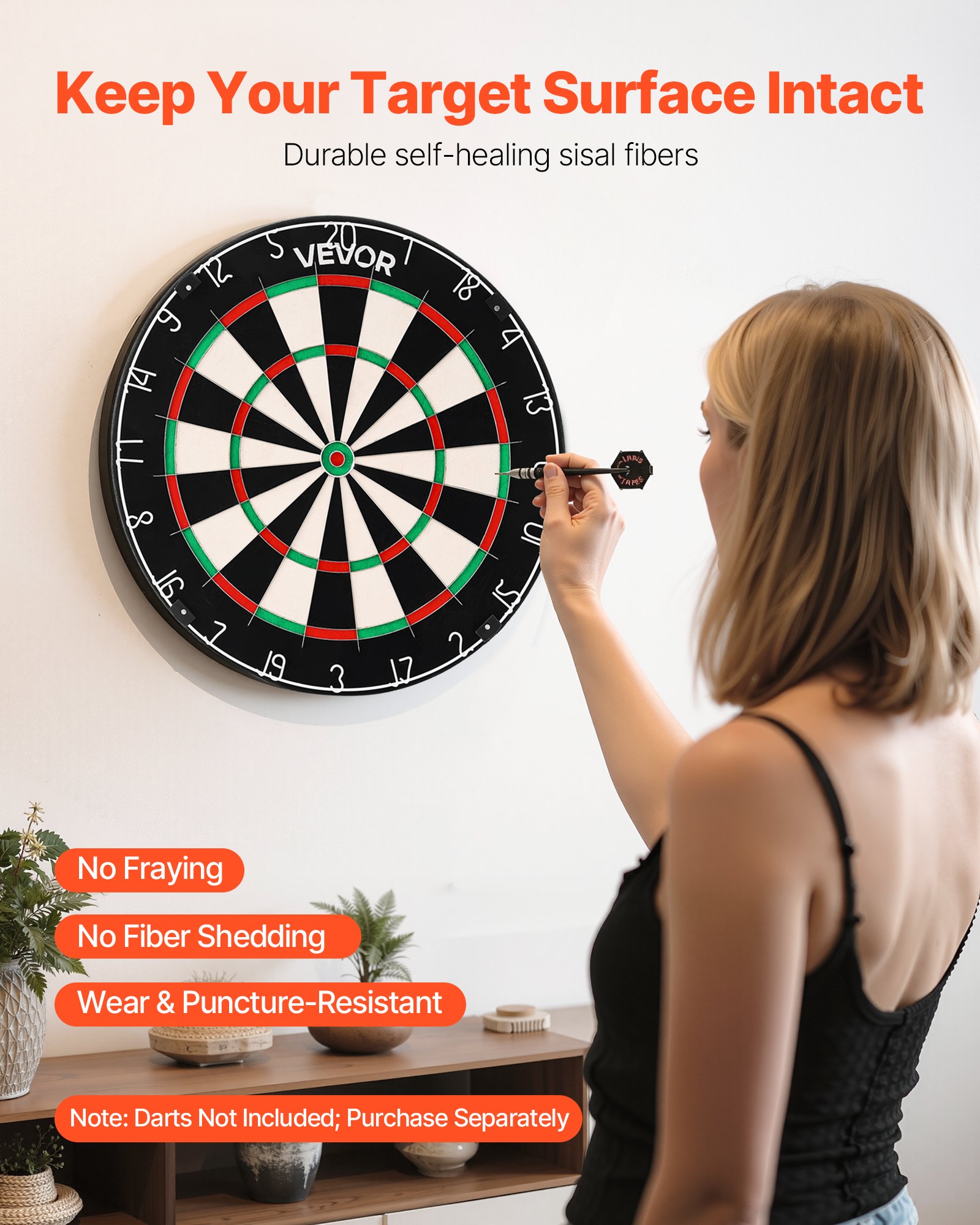 VEVOR Dart Board, High-Grade Self-Healing Sisal Fiber Dartboard with Staple-Free Bullseye, Blade Wire & Rotating Number Ring, 450mm Professional Dartboard for Home Party Game Room (Darts Not Included)
