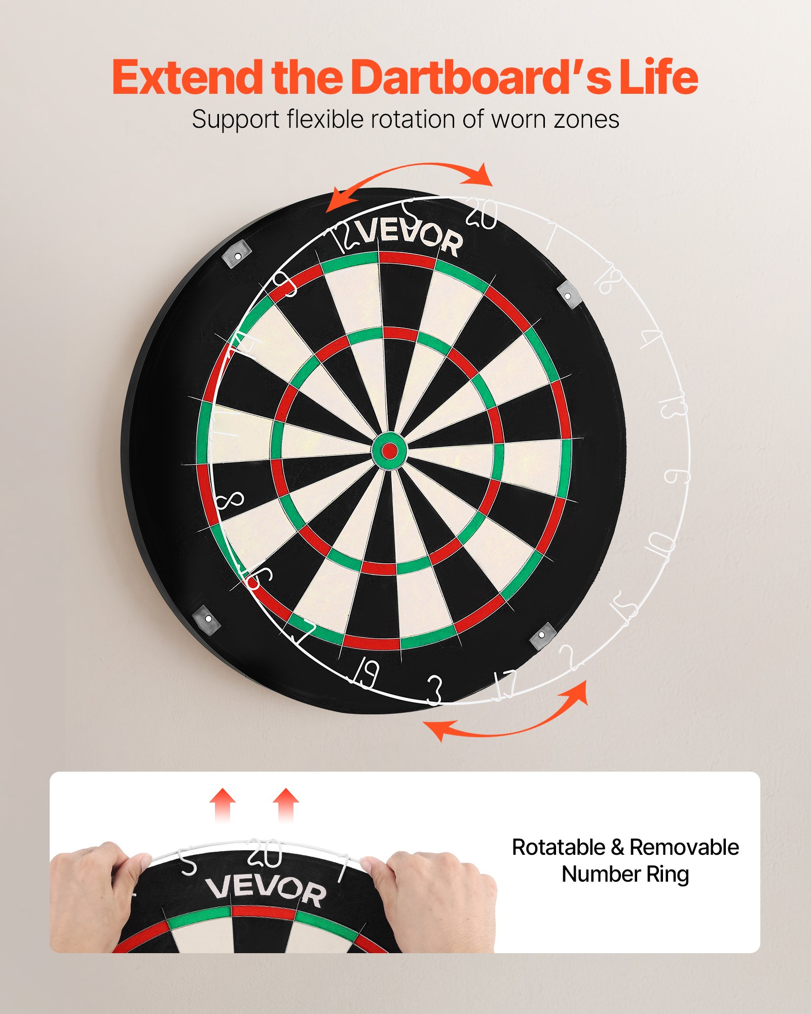 VEVOR Dart Board, High-Grade Self-Healing Sisal Fiber Dartboard with Staple-Free Bullseye, Blade Wire & Rotating Number Ring, 450mm Professional Dartboard for Home Party Game Room (Darts Not Included)
