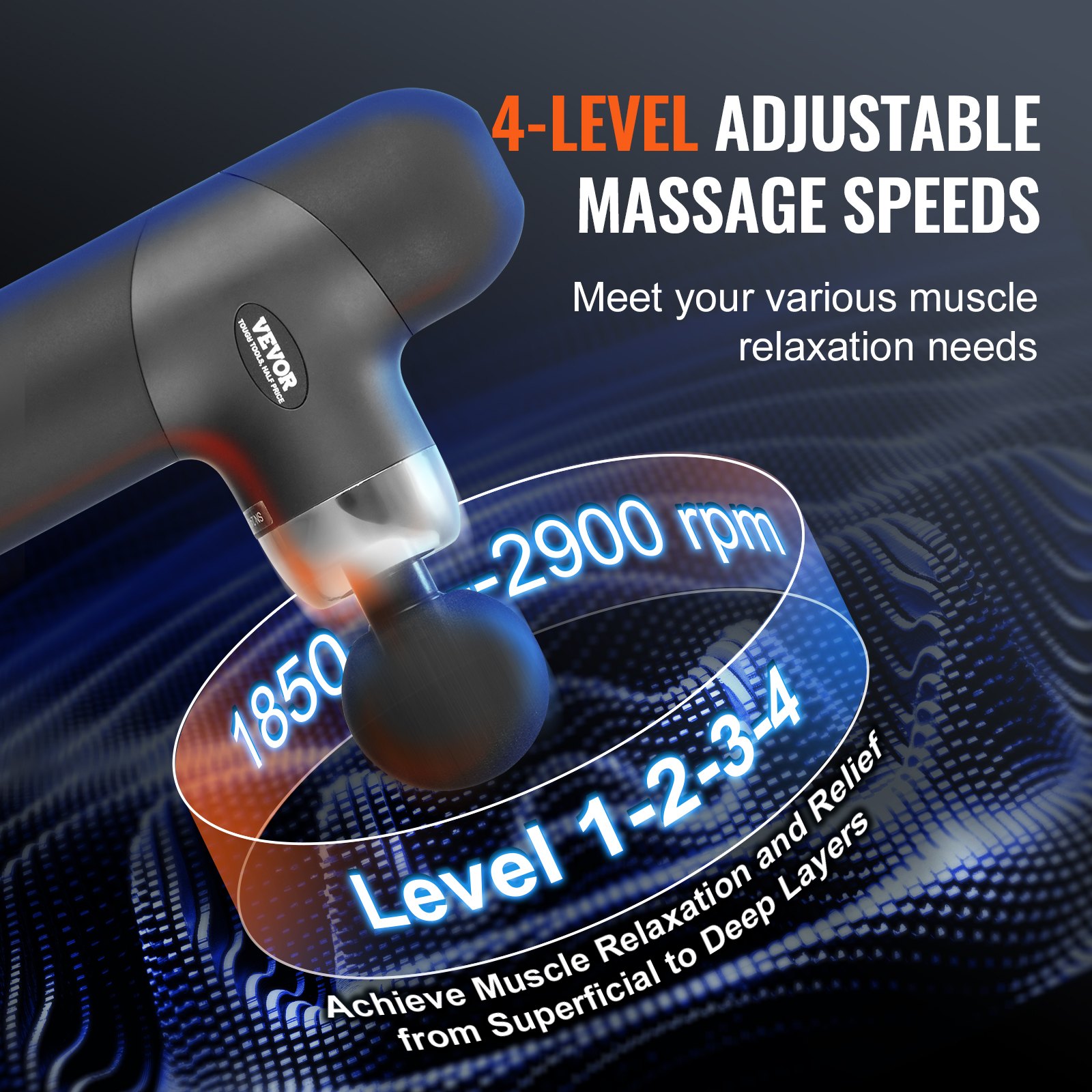 VEVOR Massage Gun, Massage Device for Athletes – with 4 speed levels and 4 massage heads, 40 W 2500 mAh batteries, mini massage gun for pain relief and muscle relaxation