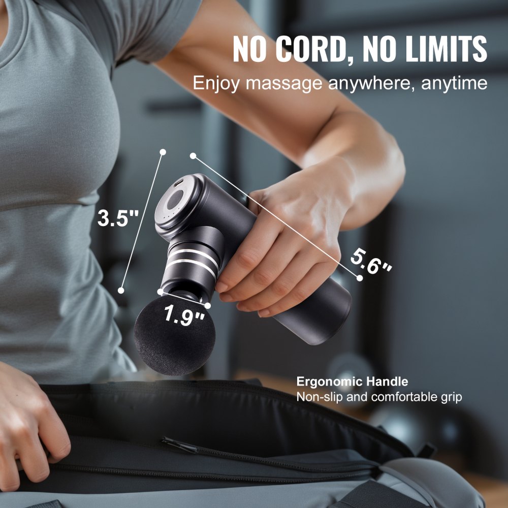 VEVOR Deep Tissue Massage Gun, Percussion Mini Muscle Massage Gun for Athletes – with 4 Speed Levels and 4 Massage Heads, 12V 2500mAh Batteries, Handheld Massage Gun