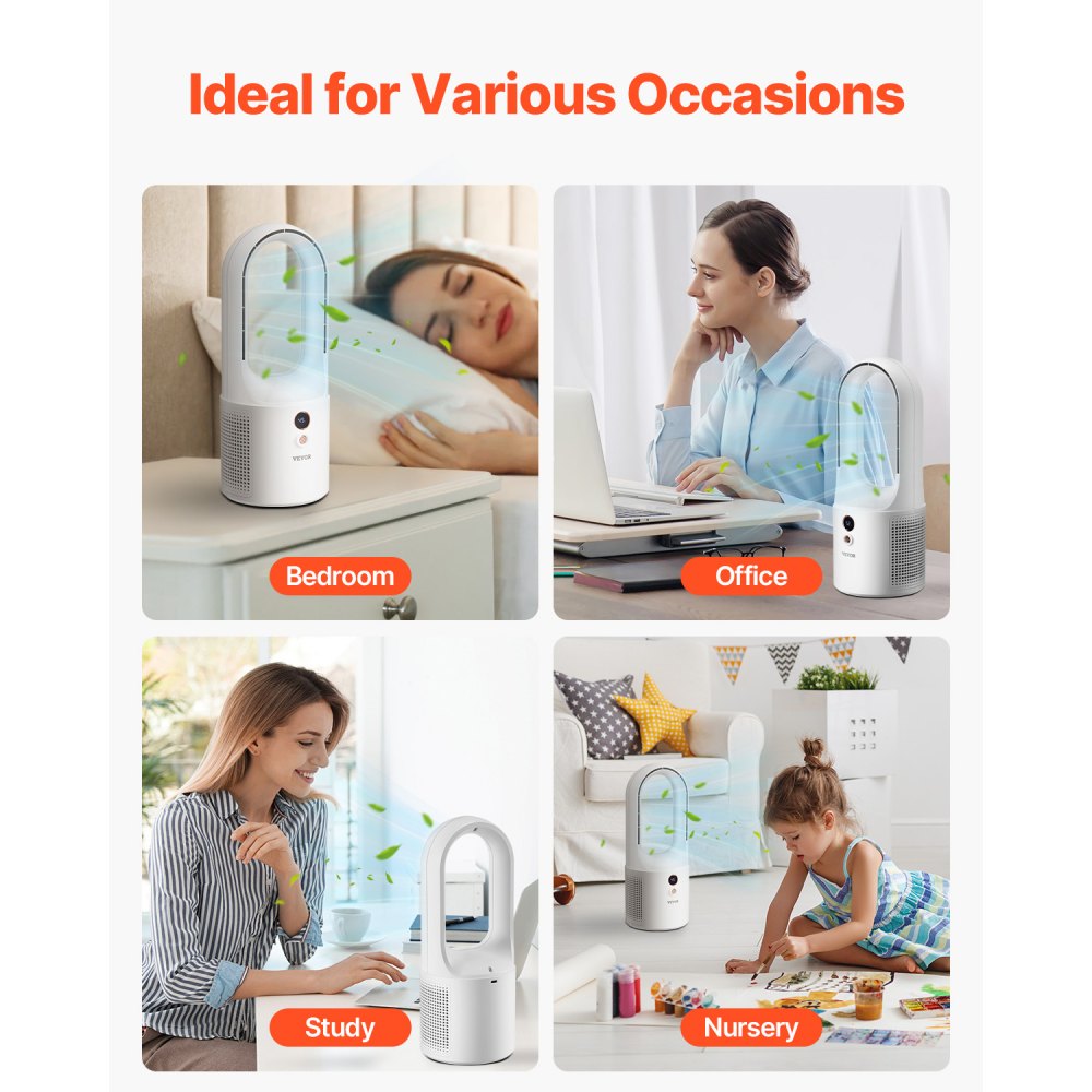 VEVOR Ventilatore Portatile Senza Pale da Tavolo Ventilatore USB Potenza 7W Silenzioso 6 Velocità Display LCD Digitale, Ventilatore di Raffreddamento 135x135x330 mm per Casa, Camera da Letto, Ufficio