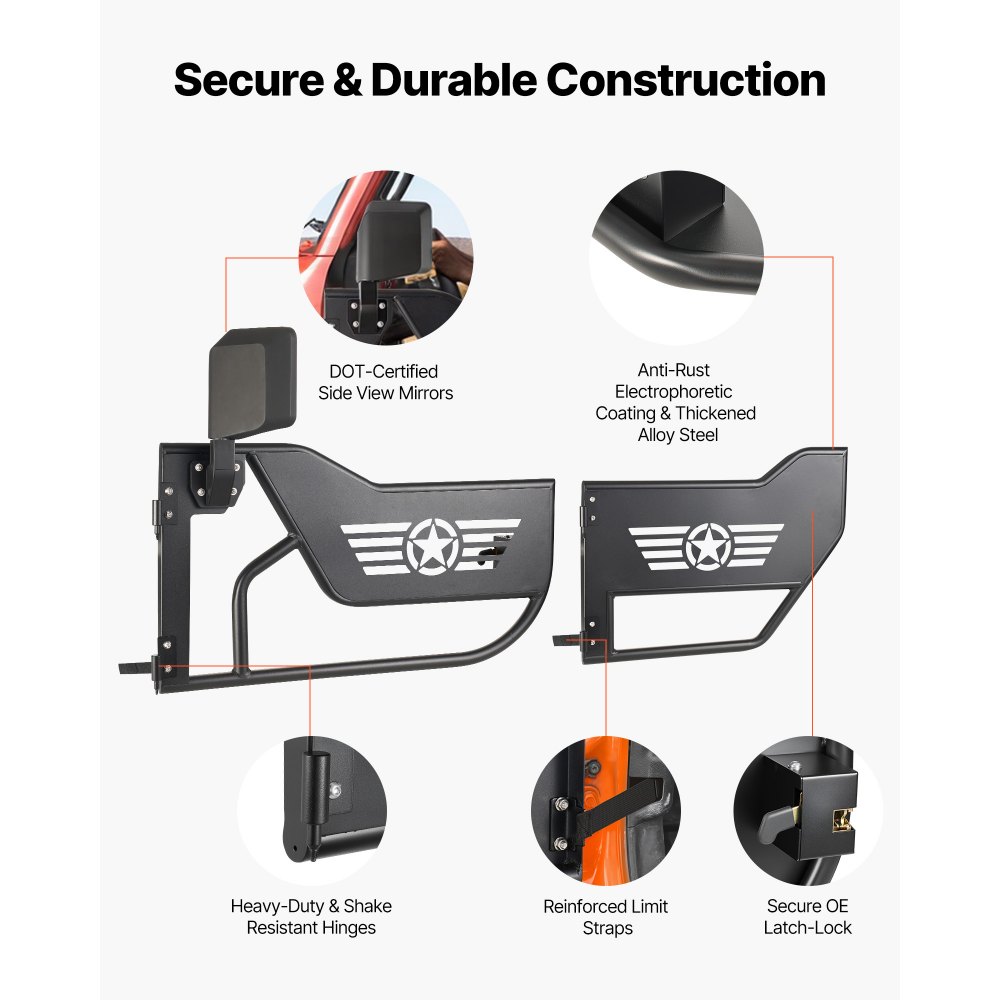 VEVOR Jeep Tube Doors, 4-Door, Compatible with 2018-2026 Jeep Wrangler JL JLU & Gladiator JT 4XE, Steel Off Road Front & Rear Tubular Half Doors with DOT Certified Side View Mirrors and Rubber Pads