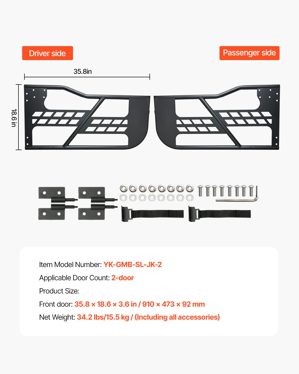 VEVOR Porte Tubolari Jeep, 2 Porte, Stile Caccia con Cerniere Resistenti e Chiusura OE, Porte per Jeep con Cuscinetti in Gomma e Tubo in Acciaio Temprato, per Jeep Wrangler JK 2007-2018