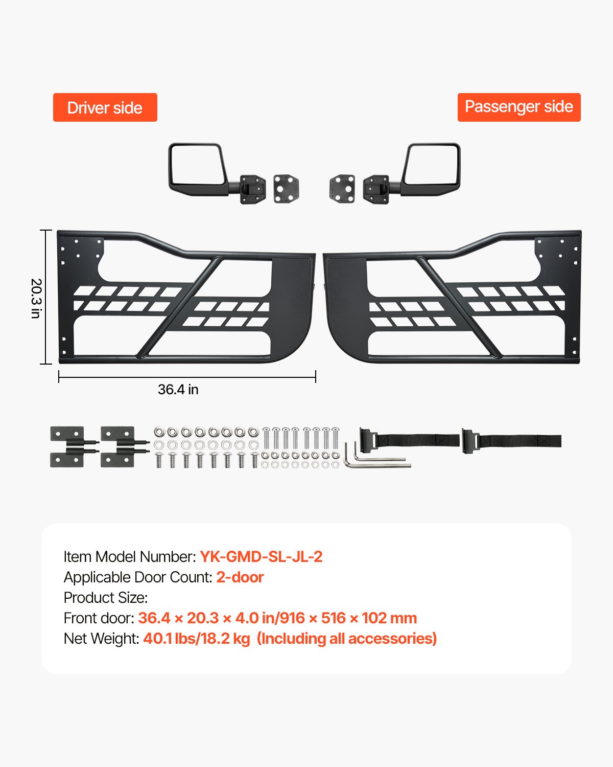 VEVOR Porte Tubolari per Jeep 2 Porte, Stile Caccia con Cerniere Chiusura OE, Porte Jeep con Specchietti Retrovisori Adatte per Jeep Wrangler JL 2018-2024 Jeep Gladiator JT 2020-2024