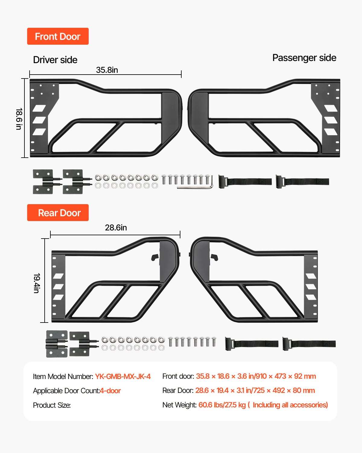 VEVOR Porte Tubolari Jeep, 4 Porte in Stile Avventura, con Cerniere Resistenti Chiusura OE e Cuscinetti in Gomma Tubo in Acciaio Temprato, Porte per Jeep Wrangler JK 2007-2018 27,5 kg