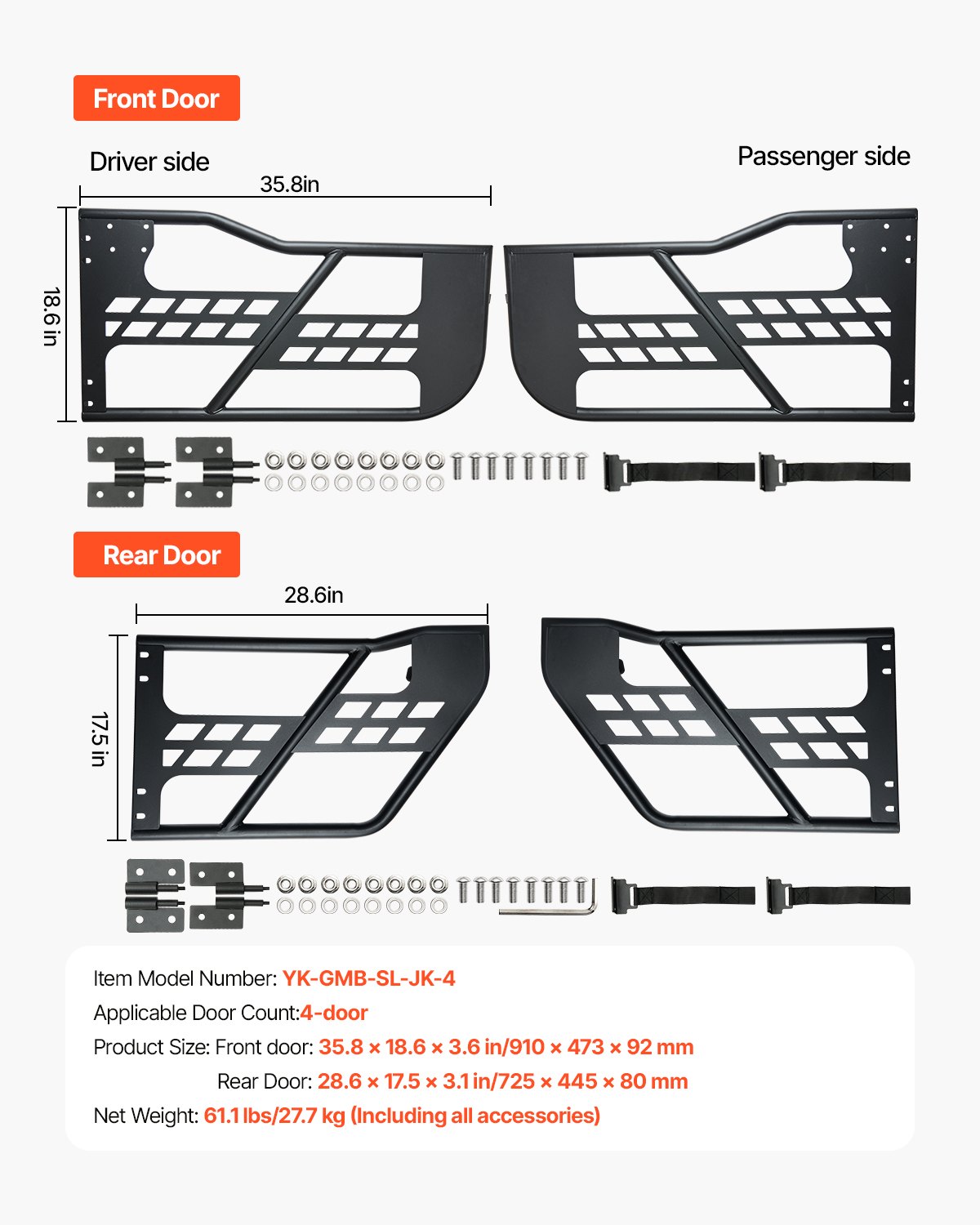 VEVOR Porte Tubolari Jeep, 4 Porte in Stile Caccia, con Cerniere Resistenti Chiusura OE e Cuscinetti in Gomma Tubo in Acciaio Temprato, Avventure Porte per Jeep Wrangler JK 2007-2018