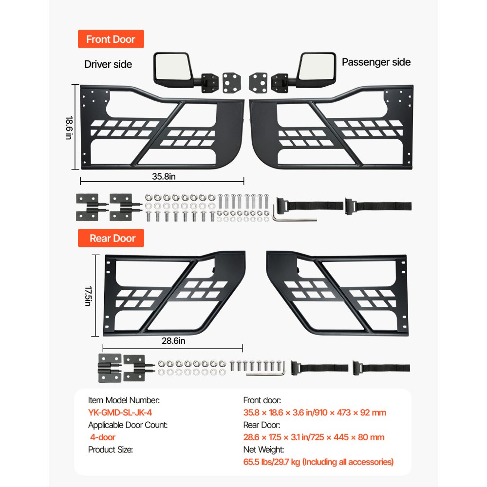 VEVOR Porte Tubolari Jeep, 4 Porte, Stile Caccia DOT, Porte con Specchietti Retrovisori, Porte con Cuscinetti in Gomma e Tubo, in Acciaio Temprato, per Jeep Wrangler JK 2007-2018 29,7 kg