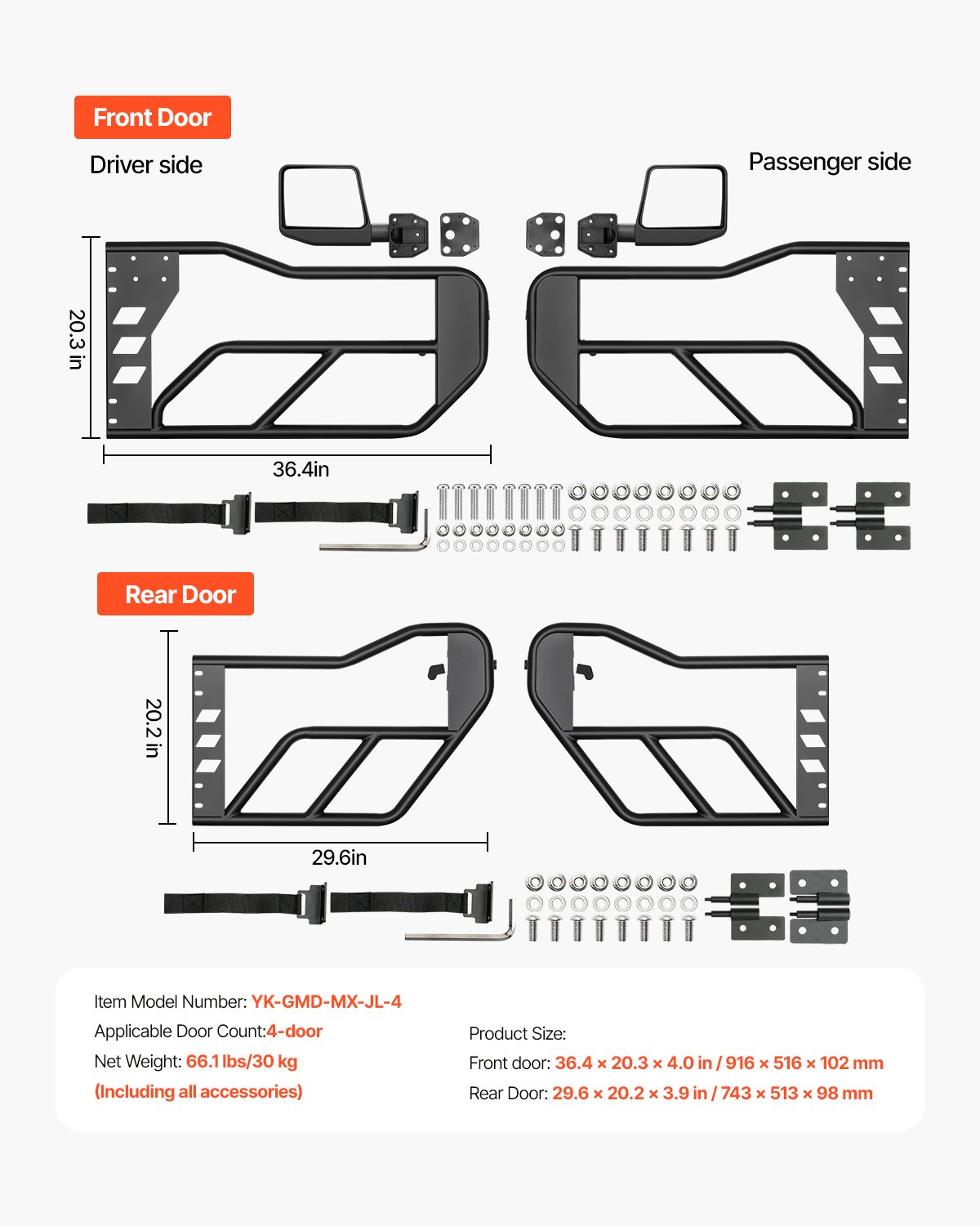 VEVOR Porte Tubolari Jeep, 4 Porte, Stile Adventure DOT, Porte Dotate di Specchietti Laterali con Specchietti Retrovisori, Porte per Jeep Wrangler JL 2018-2024 e Jeep Gladiator JT 2020-2024