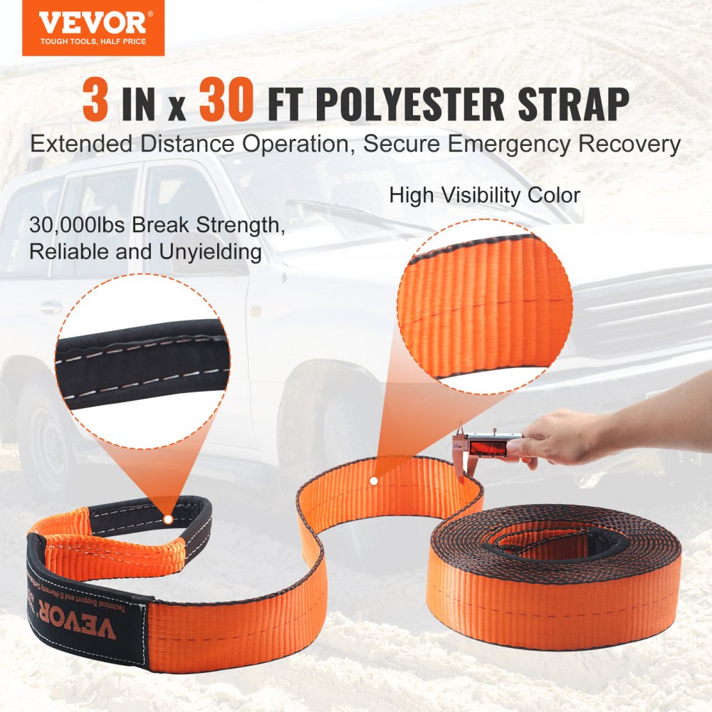 VEVOR Tow Rope Set 7.6 x 914.4 cm, Polyester Tow Strap with a Capacity of 13,608 kg, 20,000 kg D-Ring Shackles, Storage Bag, for ATVs, Jeeps, Off-Road Vehicles, Trucks