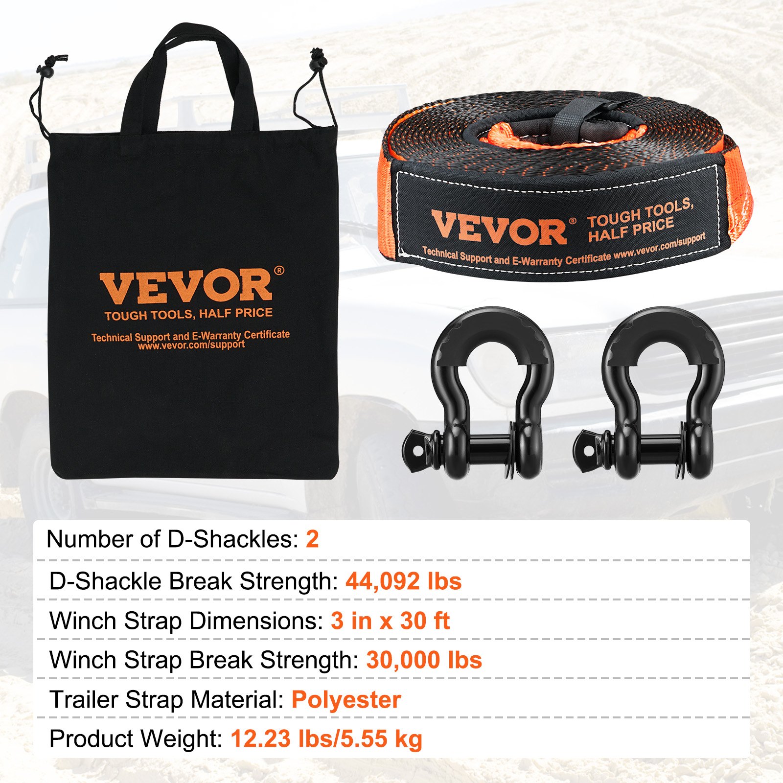 VEVOR Kit di recupero fuoristrada, 7,6x914,4 cm, Kit di recupero verricello per carichi pesanti con capacità 13608 kg, 20 T, borsa di stoccaggio, per ATV, Jeep, veicoli fuoristrada, camion