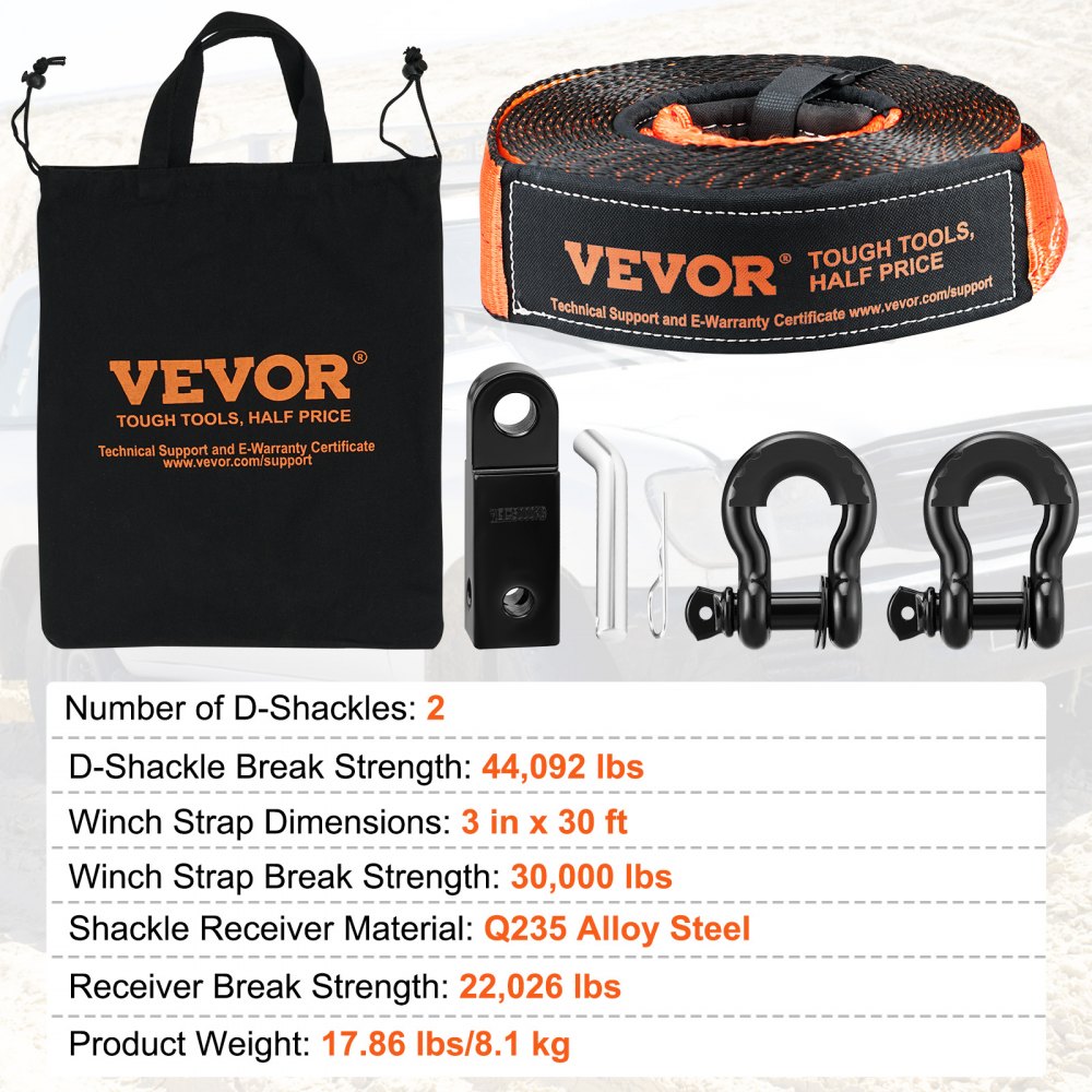 VEVOR Kit di recupero fuoristrada, 3" x 30', cinghia di traino da 30.000 libbre, anello a D da 44.092 libbre, ricevitore grillo e borsa di stoccaggio, per ATV, Jeep, veicoli fuoristrada, camion