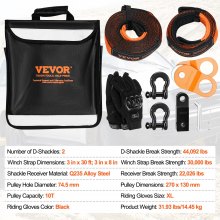 VEVOR Kit di recupero fuoristrada, 3" x 30', cinghie di traino 30.000 libbre, 44.092 libbre, ricevitore grillo, puleggia con blocco di strappo, guanti, borsa di stoccaggio per camion Jeep ATV