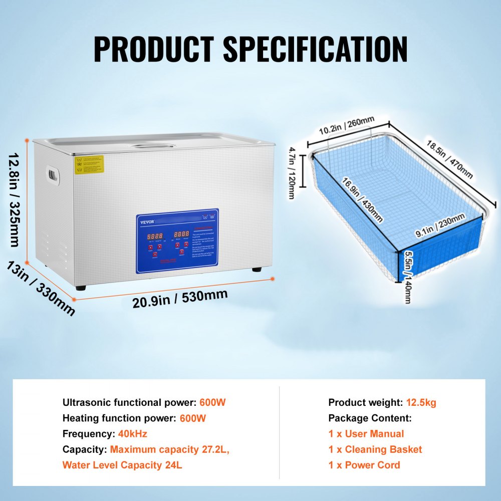 VEVOR 30L 100A Ultrasonic Cleaning Machine with 600W Heater, Stainless Steel Ultrasonic Cleaner, Ultrasonic Bath, Ultrasonic Cleaning Device for Glasses, Jewelry, Dentures, Coins, etc. (30L)