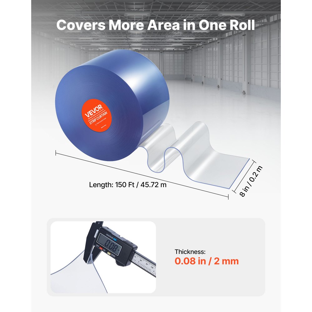 VEVOR Tenda a Strisce in Plastica Lunghezza 45,7 m, Rotolo di Striscia Larghezza 20 cm per Porta in Plastica Liscia per Porte, Tenda a Strisce Trasparente per Magazzini, Congelatori, Garage