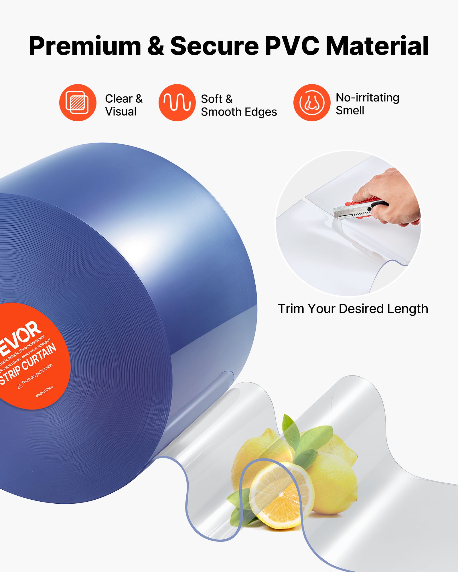 VEVOR Tenda a Strisce in Plastica Lunghezza 45,7 m, Rotolo di Striscia Larghezza 20 cm per Porta in Plastica Liscia per Porte, Tenda a Strisce Trasparente per Magazzini, Congelatori, Garage