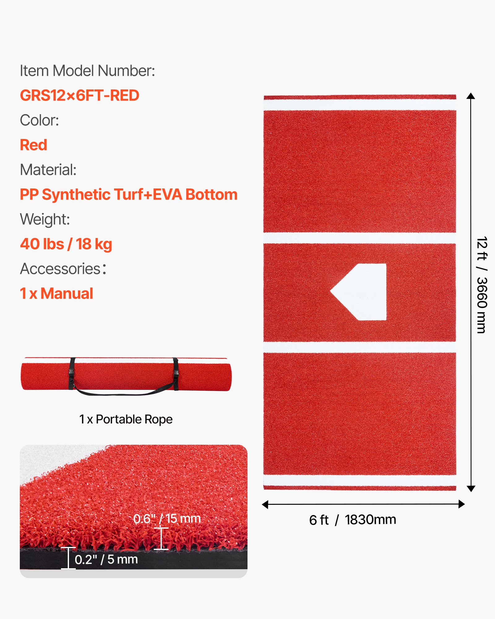 VEVOR Tappetino da Baseball, 366x183 cm, Tappetini in Erba Sintetica per Box di Battuta, Attrezzatura per Allenamento di Battuta Softball con Base di Casa ed Erba Sintetica Anti-Scolorimento, Rosso