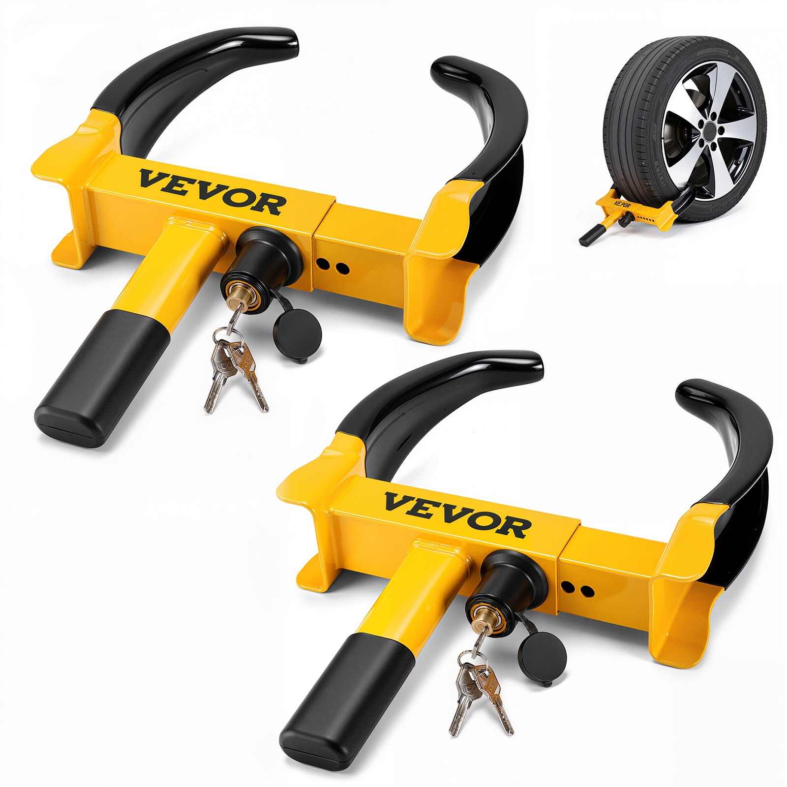 VEVOR Set di Bloccaruote Universale Antifurto per Auto Regolabile 180-270 mm, Bloccaggio Parcheggio Ruota in Acciaio con 6 Chiavi per Veicoli Caravan Camion SUV, Morsetto Bloccaruota Antifurto 2 Pz