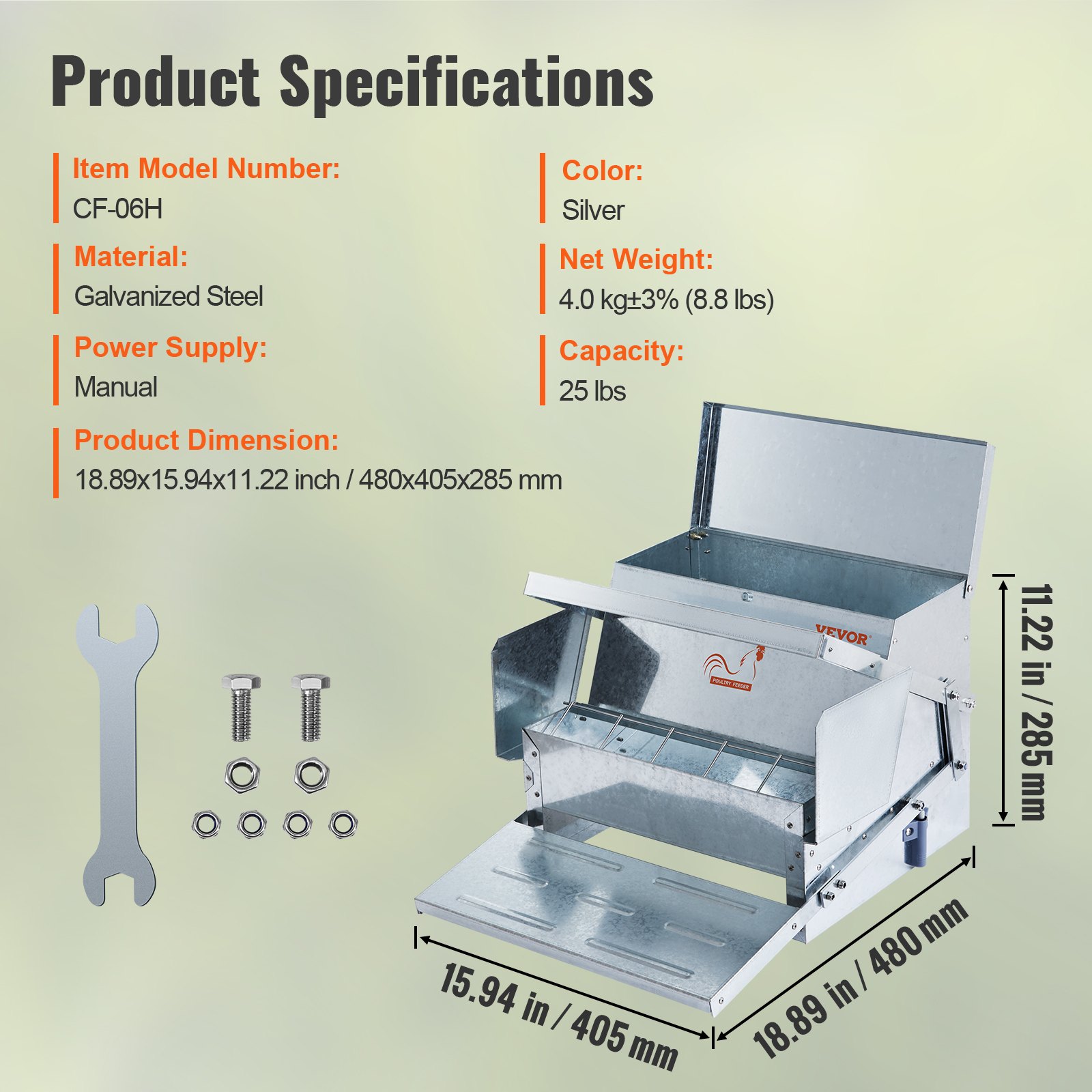 VEVOR Alimentatore per Pollame Animali Capienza Max. 11kg in Acciaio Zincato 480x405x285 mm, Mangiatoia Automatica per Polli Galline con Coperchio Automatico, Alimentatore Pollame Angolo Regolabile