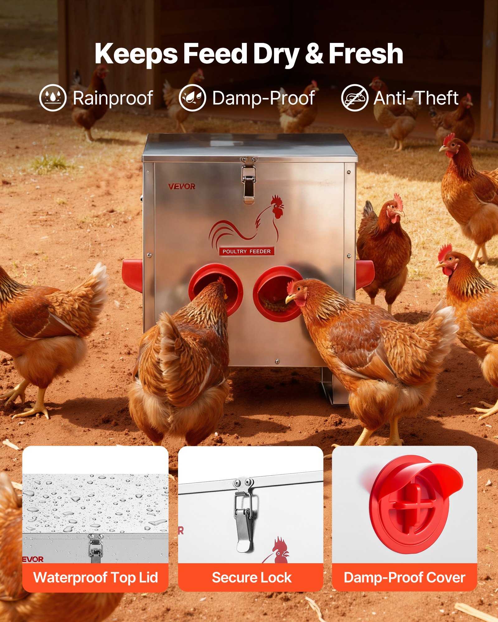 VEVOR Mangiatoia Automatica per Polli Carico 11,34 kg, 6 Porte di Alimentazione, Senza Sprechi, Gravità Automatica, con Coperchio con Maniglia, Struttura in Metallo, per Galline Nane, Fagiani