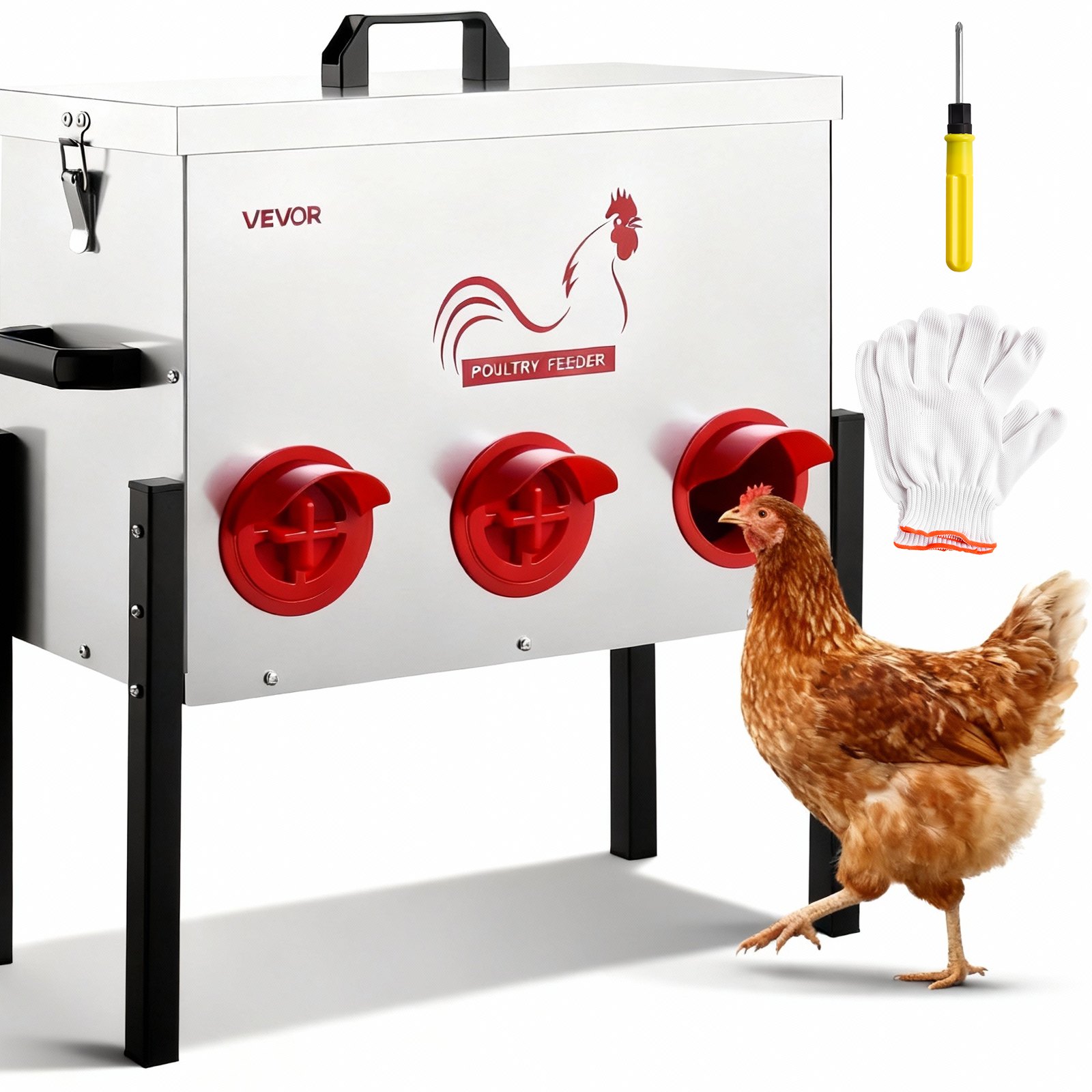 VEVOR Mangiatoia Automatica per Polli, Capacità 13,61 kg, 6 Porte di Alimentazione, Senza Sprechi Gravità Automatica, con Altezza Regolabile e Coperchio di Bloccaggio, Struttura in Metallo